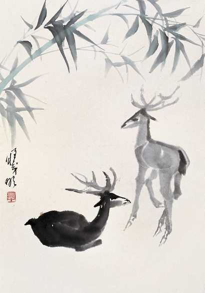 林曦明 双鹿图 镜心